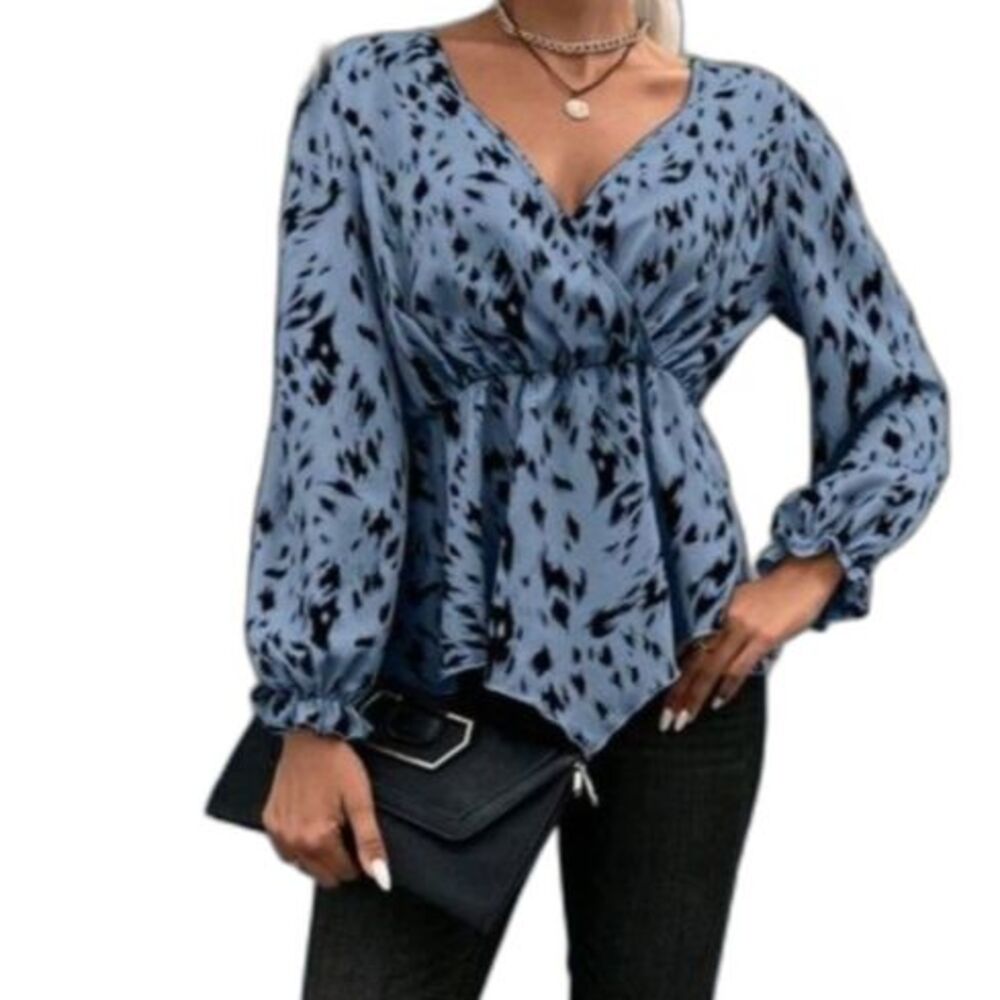 SHEIN Clasi Leopard/Brush Stroke Print Surplice Peplum Blouse Size XL